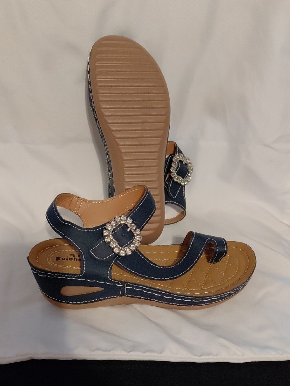 Women's Navy Wedge Sandals with Rhinestone Buckle